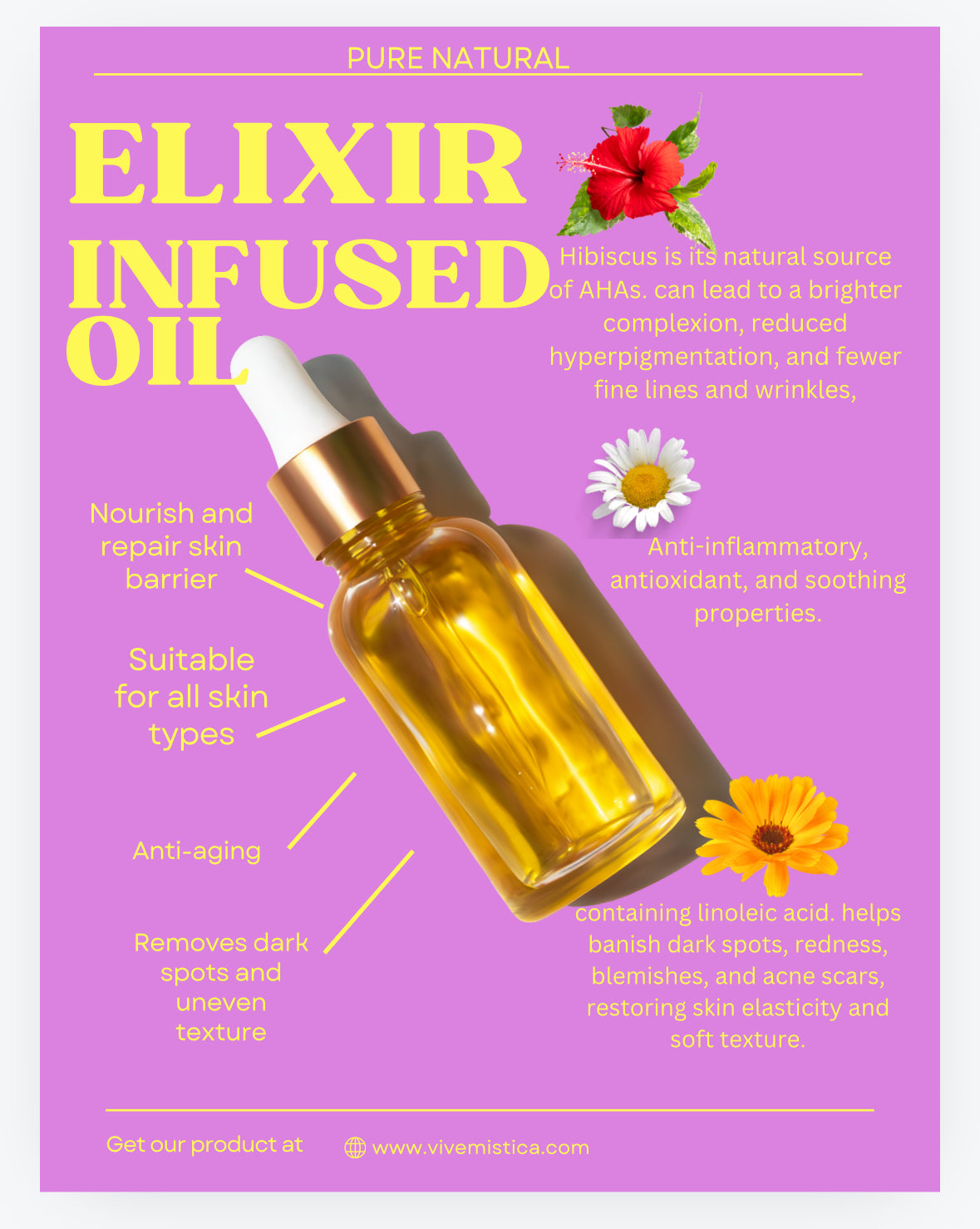 3 3 Elixir Infused Oil Pure Natural 2.5oz Manzanilla, Calendula y Flor de Jamaica