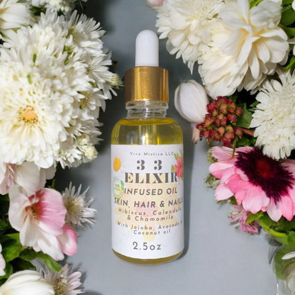 3 3 Elixir Infused Oil Pure Natural 2.5oz Manzanilla, Calendula y Flor de Jamaica